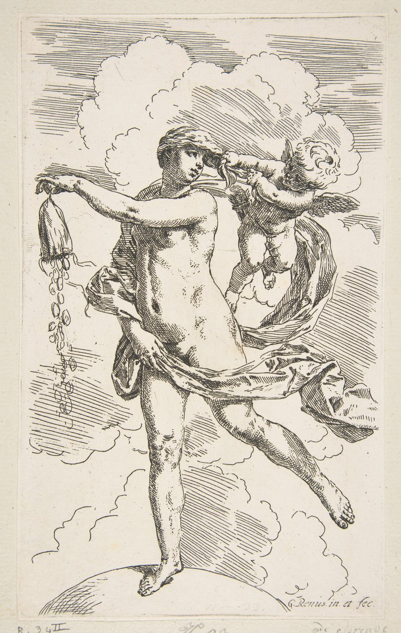 Onni seisoo maapallolla tyhjentämässä kolikkolaukkua, n. 1635-1636. tekijältä Simone Cantarini
