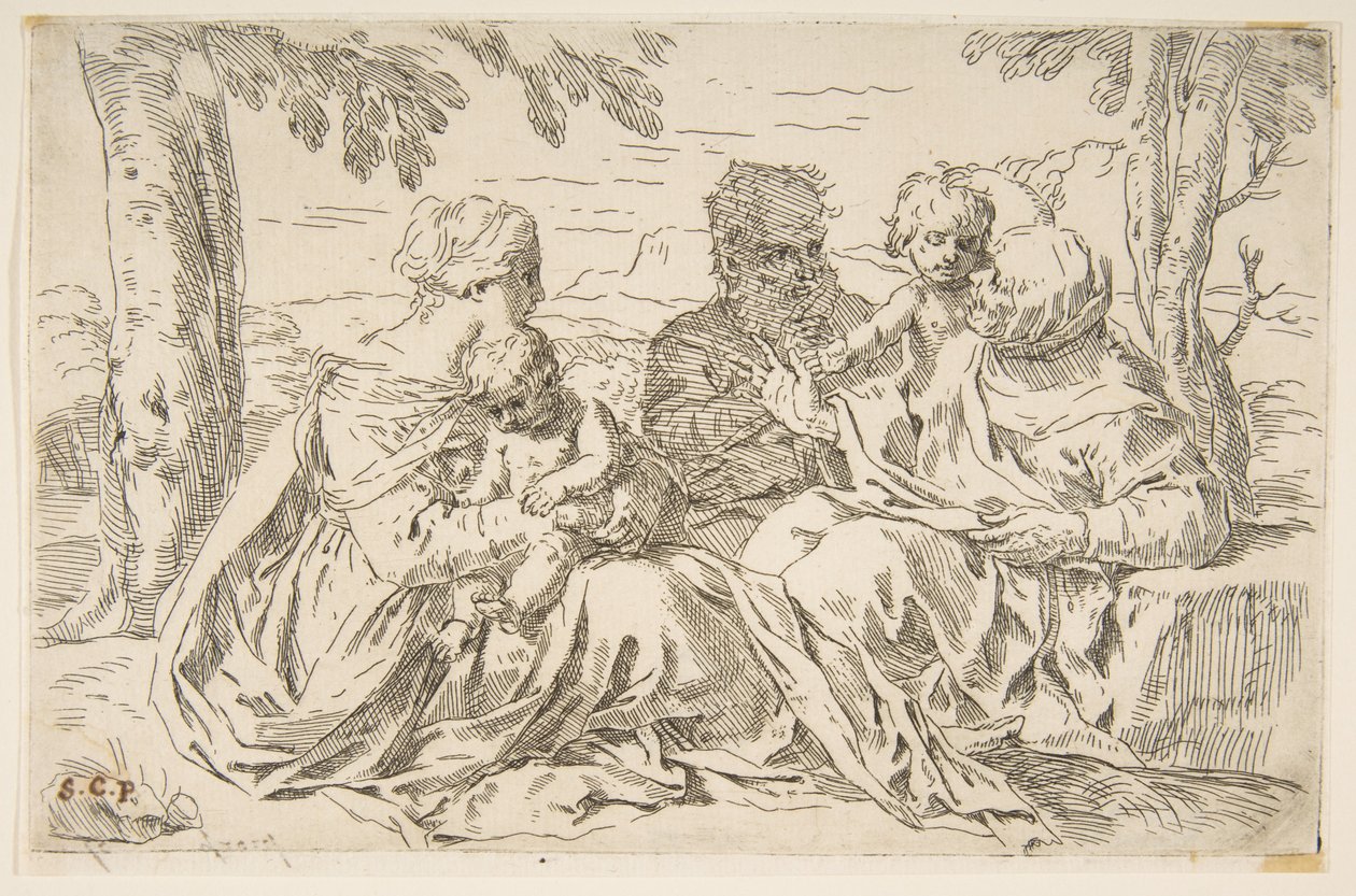 Pyhä perhe Pyhän Elisabetin ja Pyhän Johannes Kastajan kanssa, n. 1639. tekijältä Simone Cantarini