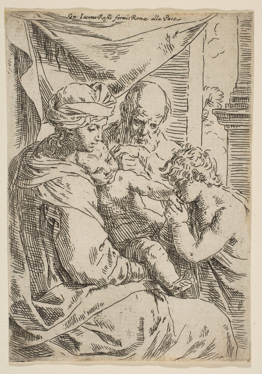 Pyhä perhe, jossa Pyhä Johannes Kastaja suutelee lapsen Kristuksen kättä, n. 1642. tekijältä Simone Cantarini