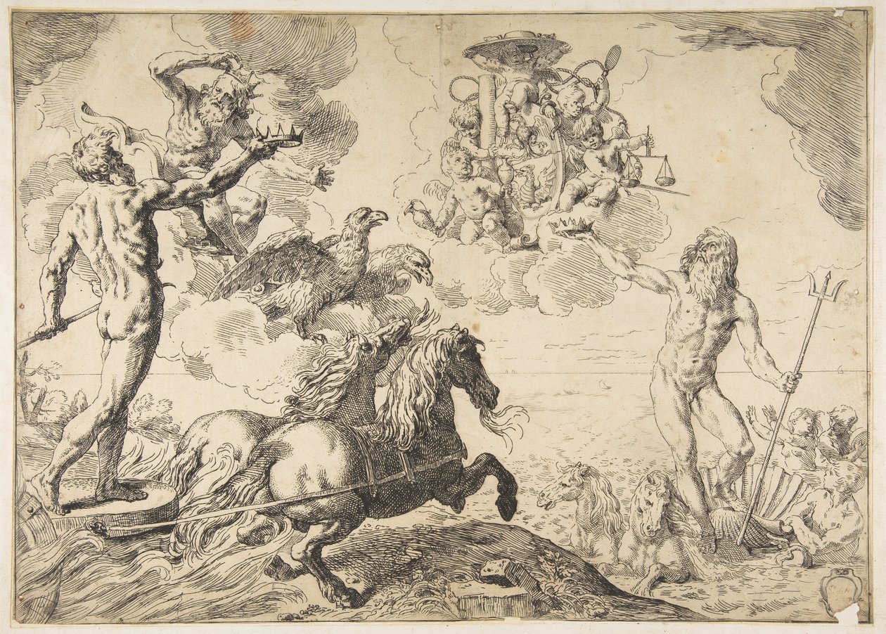 Jupiter, Neptunus ja Pluto tarjoavat kruunujaan kardinaali Borghesen käsivarsille, 1642-43. tekijältä Simone Cantarini