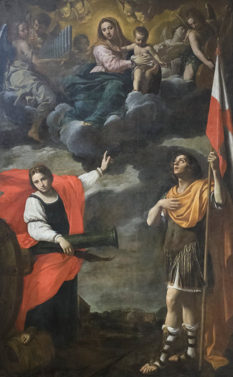 Madonna kirkkaudessa lapsen ja pyhimysten Barbaran ja Terenzion kanssa, noin 1630 (öljy kankaalle). tekijältä Simone Cantarini