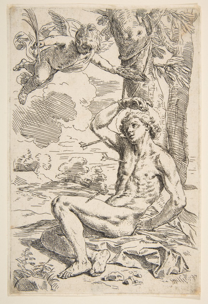 Nuolilla lävistetty ja puuhun sidottu pyhä Sebastian, n. 1639. tekijältä Simone Cantarini