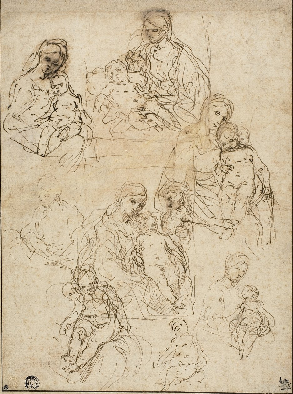 Luonnokset neitsyestä ja lapsesta ja pyhästä perheestä, 1642-48 tekijältä Simone Cantarini