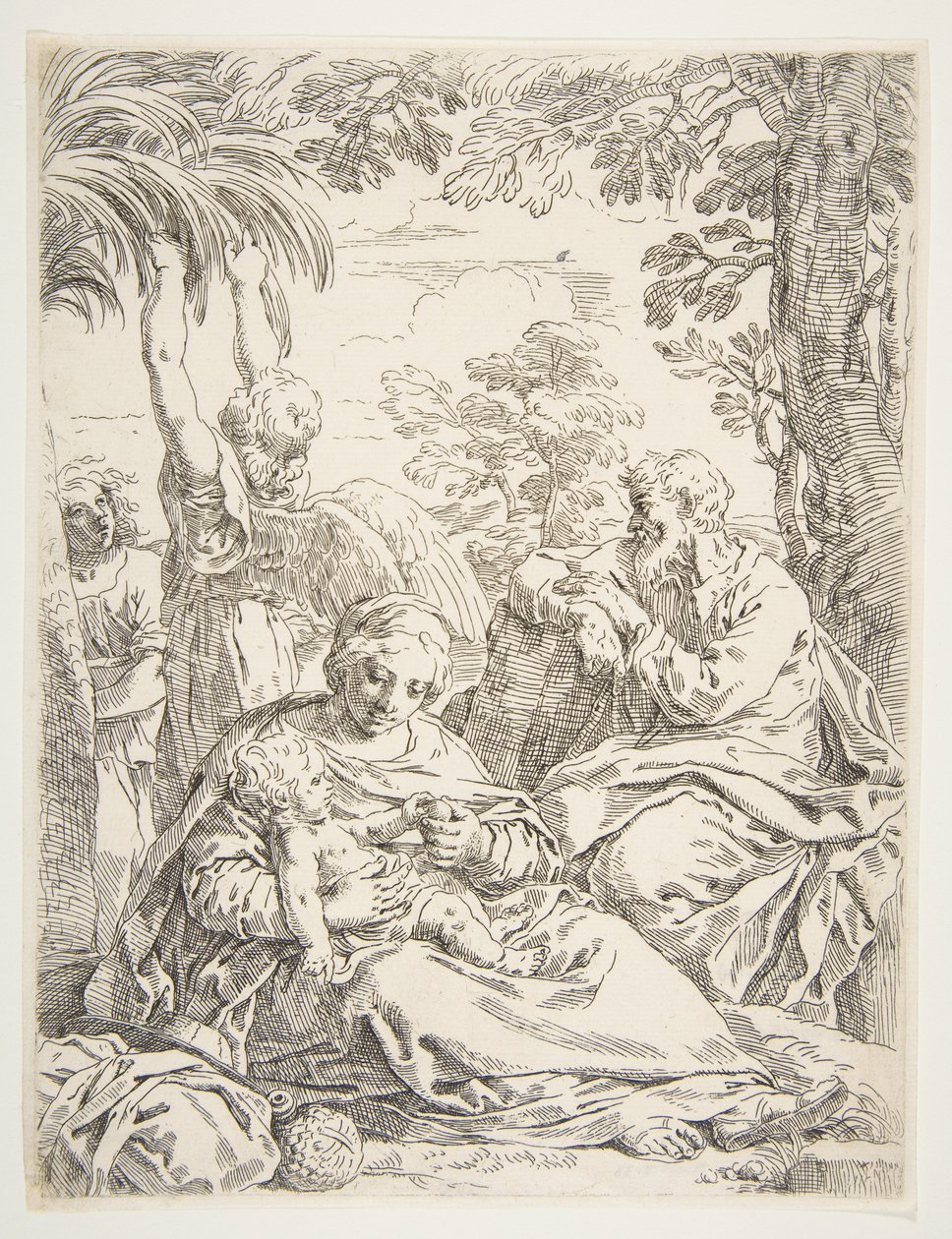 Pyhä perhe lepää pannossaan Egyptiin, n. 1637-1639. tekijältä Simone Cantarini