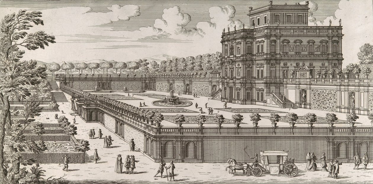 Näkymä Palazzo Pamphilin julkisivulle ja sen puutarhaan Secondo Prospetto Pe..., jälkeen tekijältä Simone Felice