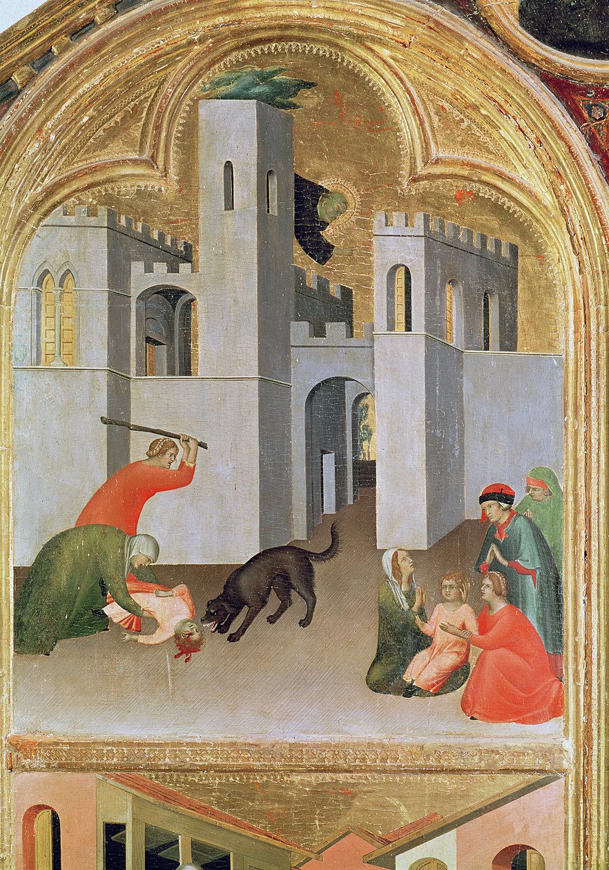 Agostino Novella pelastaa koiran pureman lapsen, yksityiskohta Siunatun Agostino Novellon alttaritaulusta, n. 1328 (tempera paneelissa) tekijältä Simone Martini