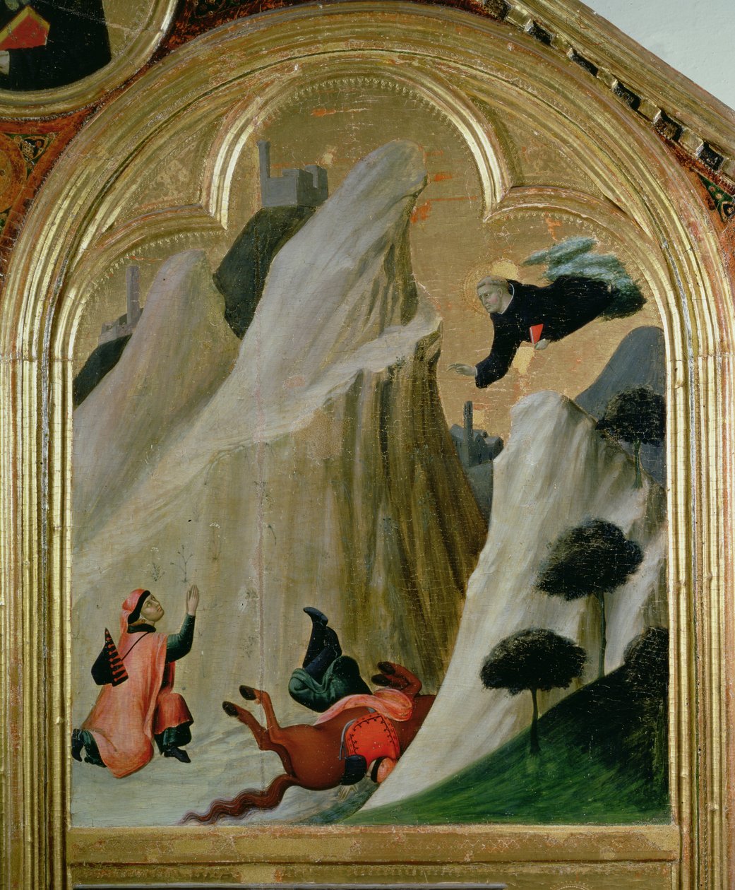 Agostino pelastaa miehen, joka putosi hevosestaan, Siunatun Agostino Novellon alttarilta, n. 1328 tekijältä Simone Martini