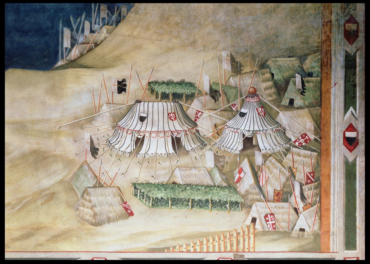 Guidoriccio da Foglianon muistotilaisuus Montemassin piirityksen yhteydessä, yksityiskohta sotilasleiristä, Sala del Mappamondosta, 1328 tekijältä Simone Martini