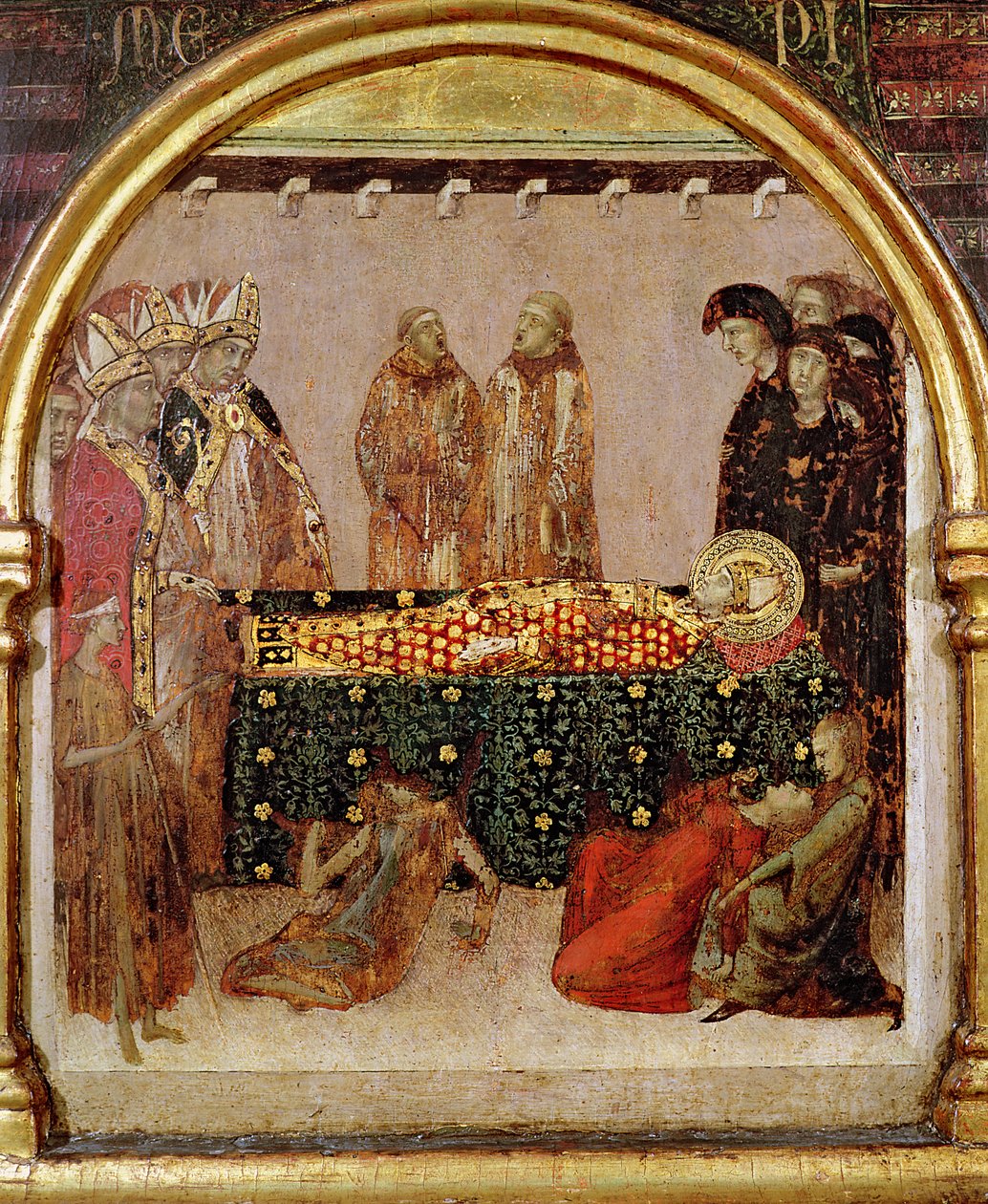 Sairaiden parantaminen St. Louis of Toulouse (1274-97) kuolinpäivänä Predella-paneeli St. Louis of Toulousen alttarilta, 1317 (tempera paneelissa) tekijältä Simone Martini