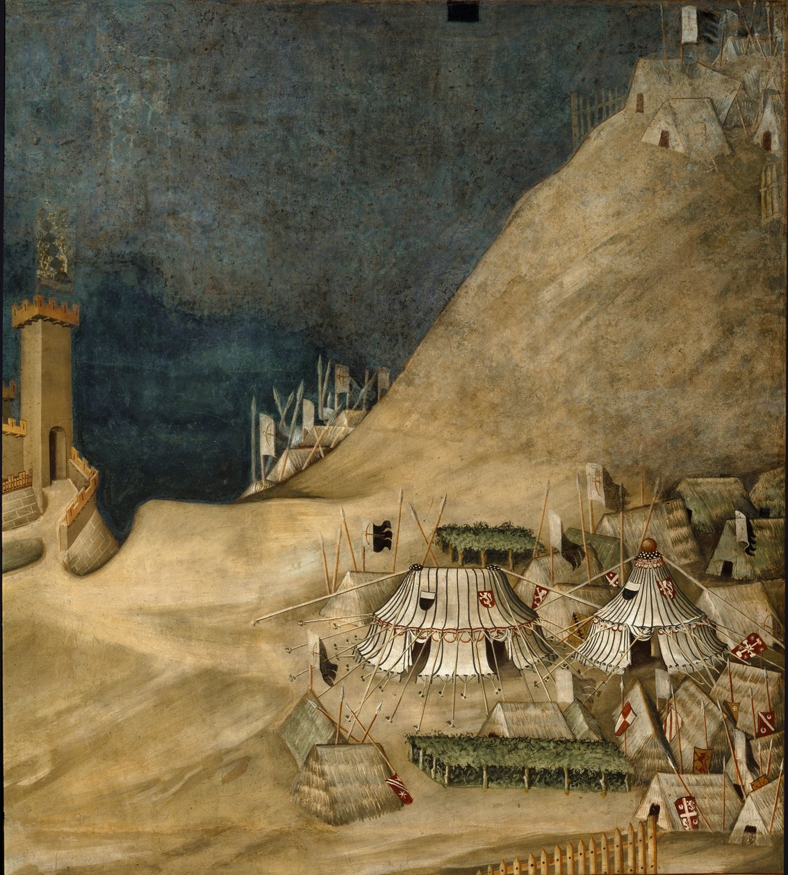 Yksityiskohta sotilasleiristä Guido Riccio da Foglianon takana Montemassin linnan valloituksen aikana vuonna 1328 (fresko tekijältä Simone Martini