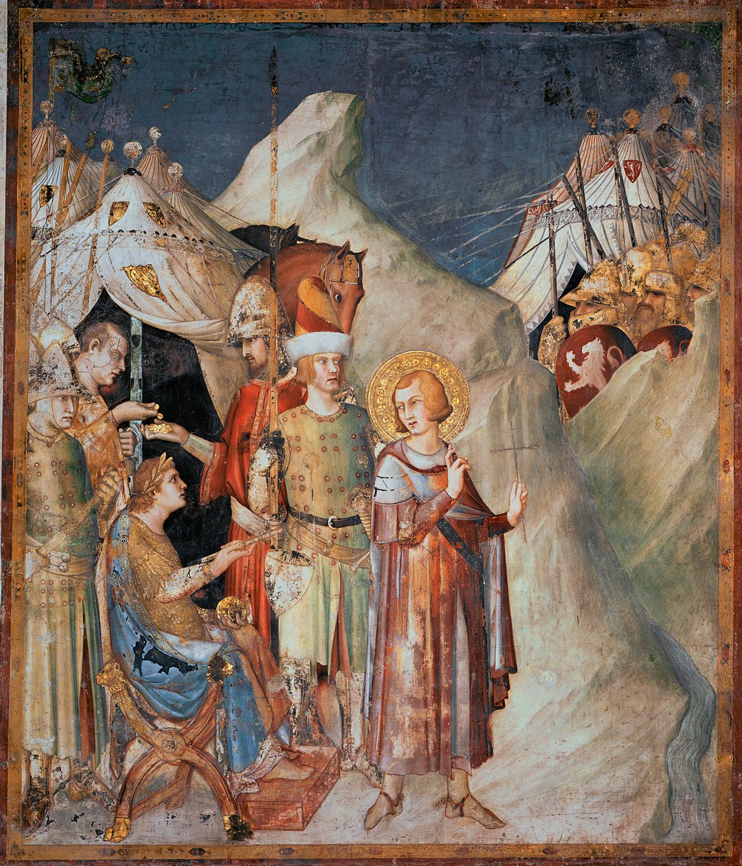 Episodit Saint Martinin elämästä: "" Toursin pyhä Martin luopui aseista"" Simone Martinin (1285-1344) fresko. 1312-1317 - koko 265x230 cm Pyhän Franciscus Assisilaisen alempi basilika; Pyhän Martinin kappeli, Assisi tekijältä Simone Martini