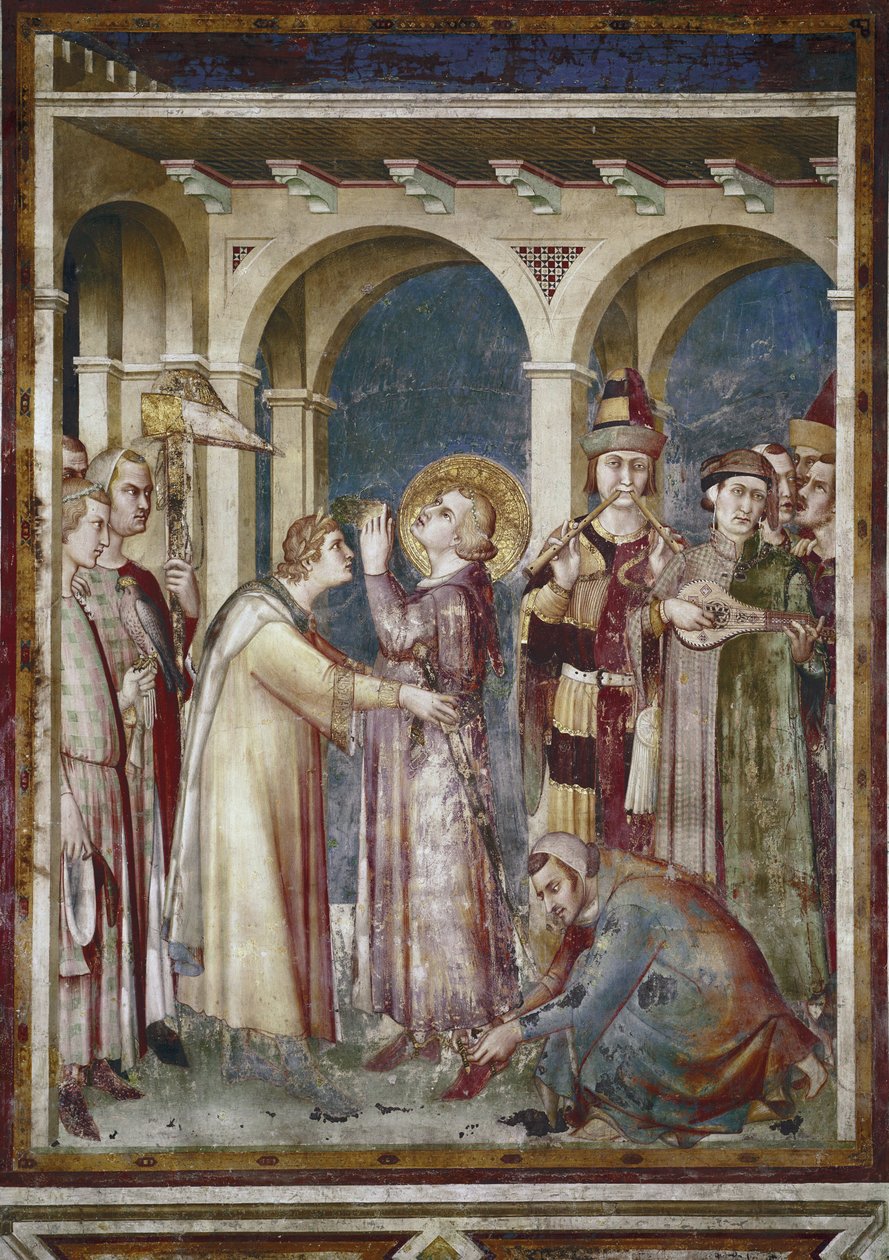 Fresko Pyhän Martinin elämästä. Saint Martin on ritari, yksityiskohta. Eveque Saint Martin de Tours ja muusikot. Simone Martinin (1280-1344) maalaus. Fresko tekijältä Simone Martini