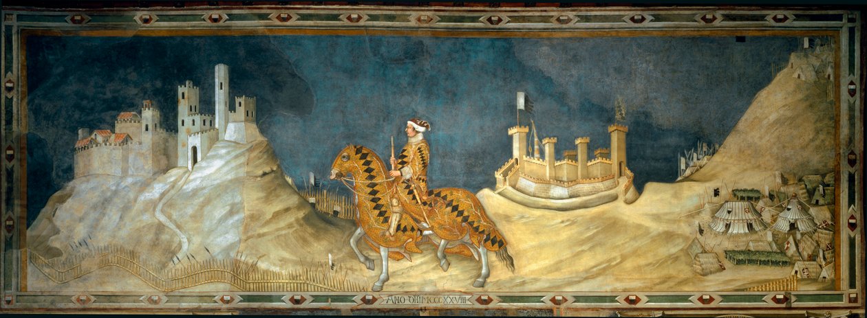 Guidoriccio da Fogliano. Sienan armeijan komentajan (condottiero) Guido Riccio da Foglianon (kuollut 1352) esitys Montemassin linnan valloituksen aikana Maremmassa (Maremma) vuonna 1328. Simone Martinin (1280-1344) maalaus tekijältä Simone Martini