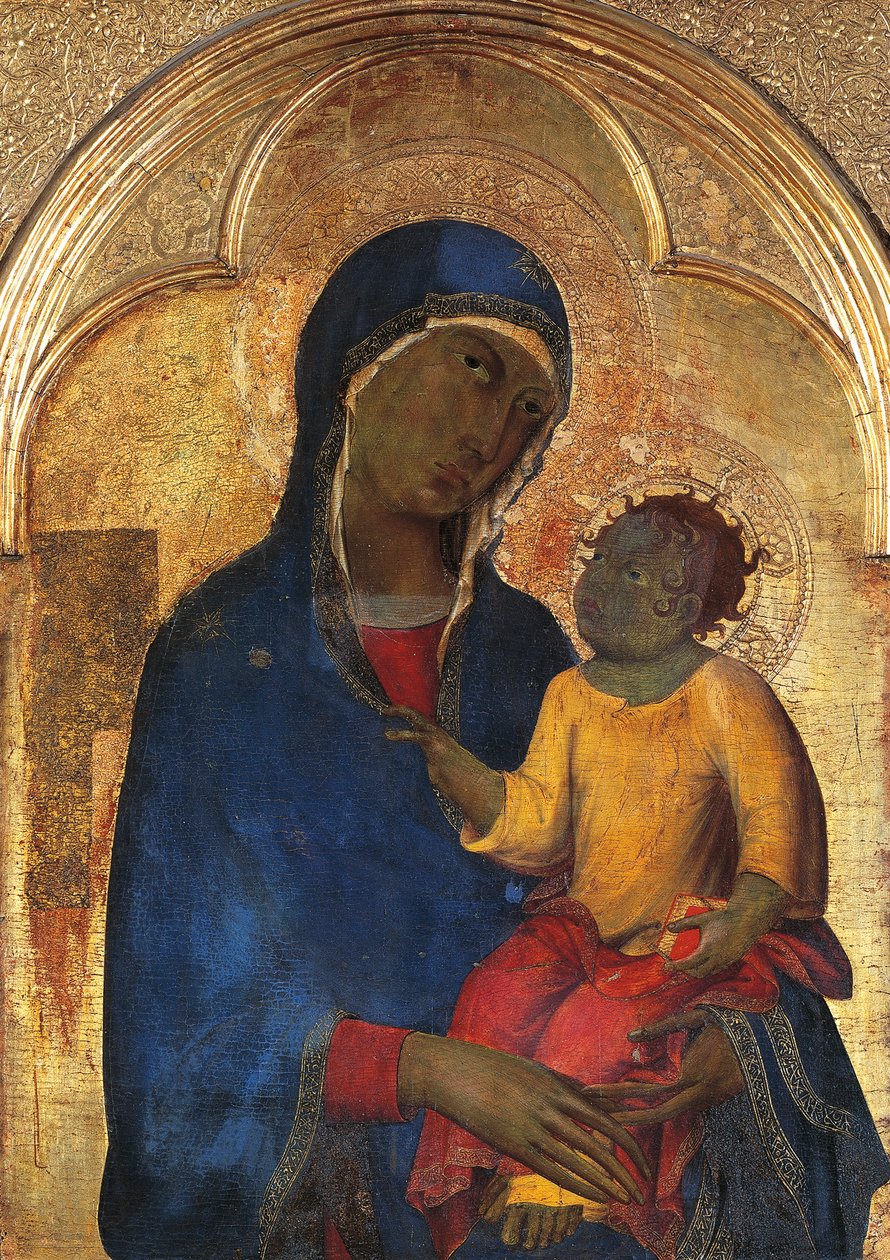 Madonna ja lapsi, yksityiskohta Simone Martinin (1283-1344) San Domenicon alttaritaulusta, tempera ja kulta puupaneelissa tekijältä Simone Martini
