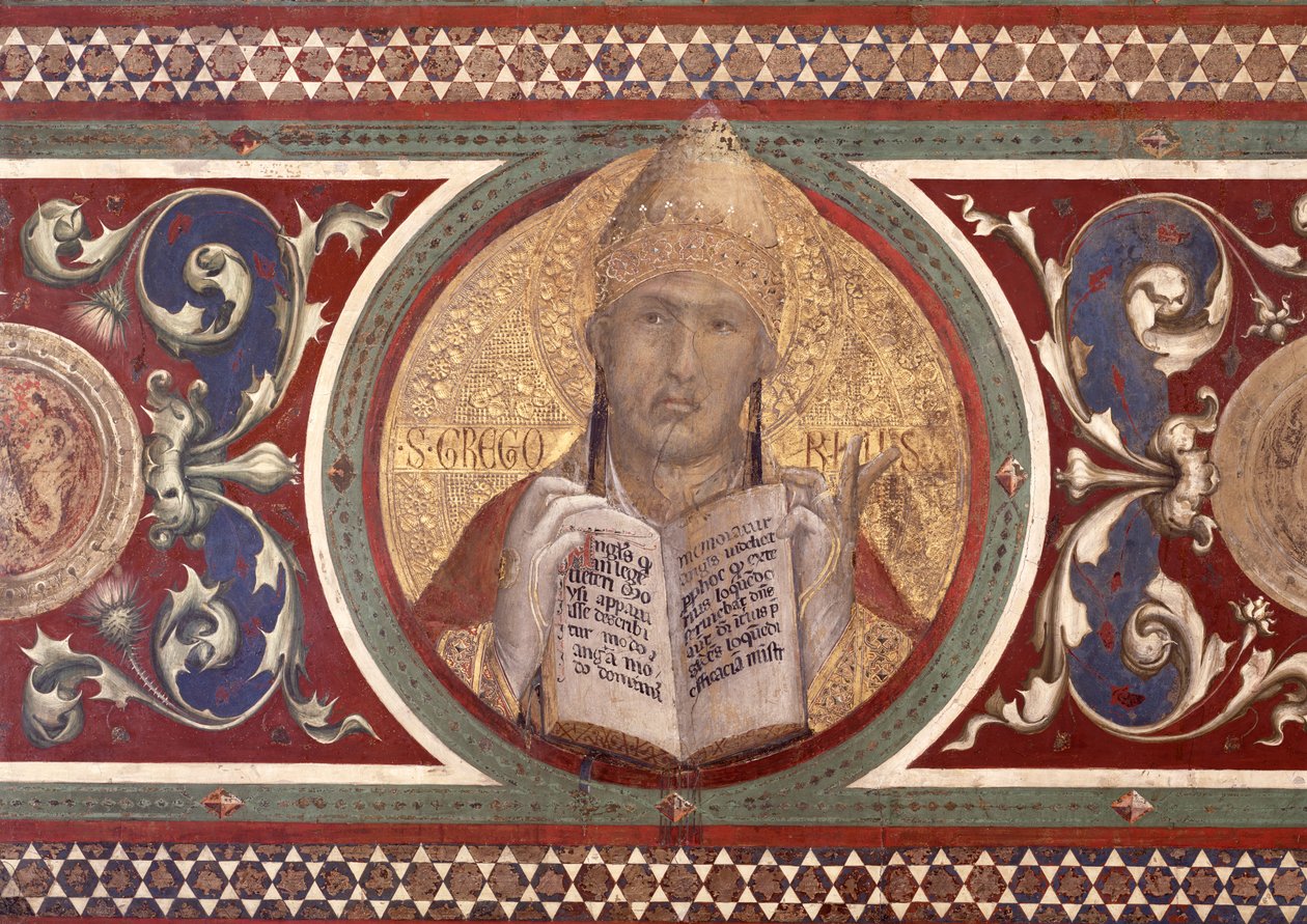 Maesta: Gregorius, yksityiskohta kehyksestä, 1315 fresko yksityiskohta 51591:stä. tekijältä Simone Martini