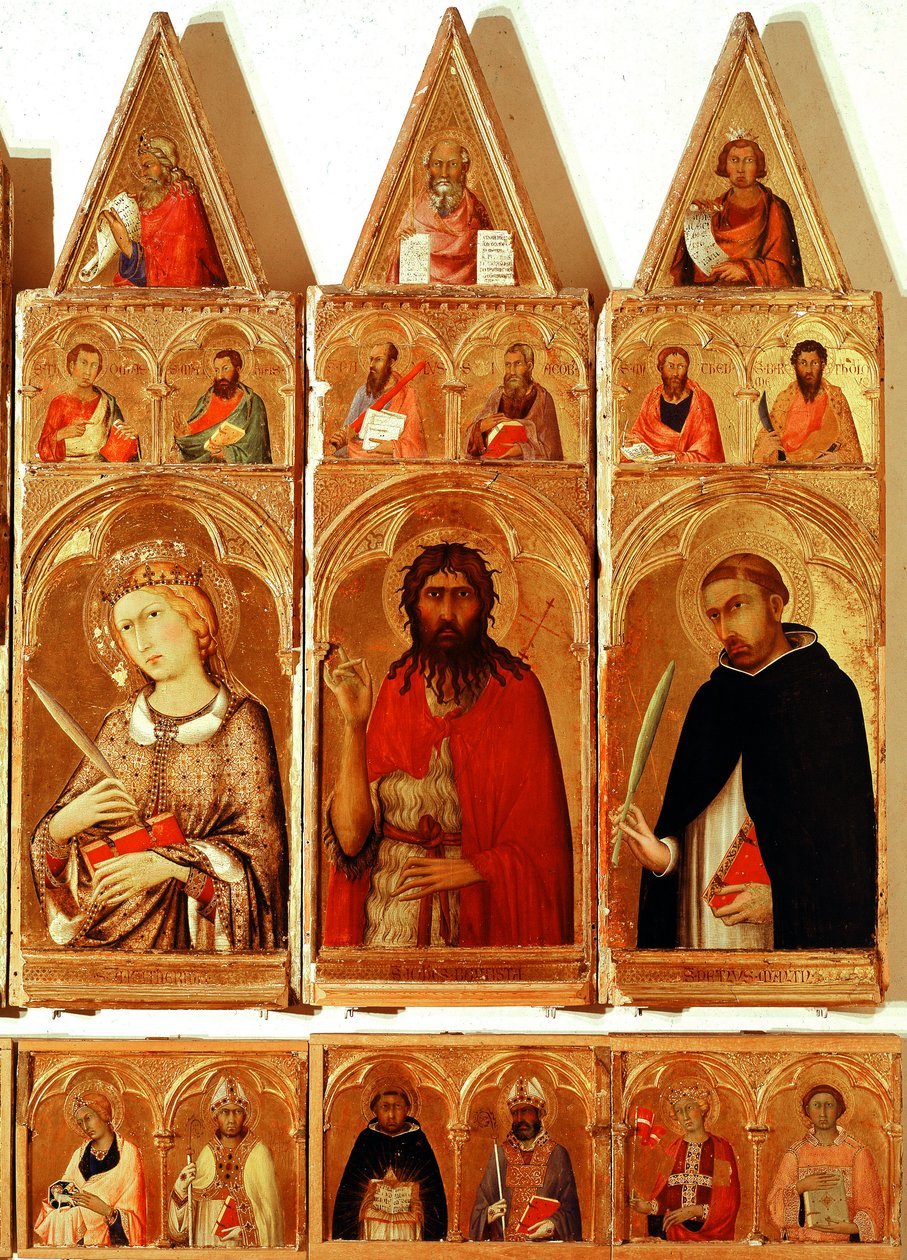 Pyhä Katariina Aleksandrialainen, Pyhä Johannes Kastaja, Pyhä Pietari Veronalainen. Yksityiskohta Pyhästä Katariina Aleksandrialaisen polyptyykistä (tempera ja kulta puulla tekijältä Simone Martini