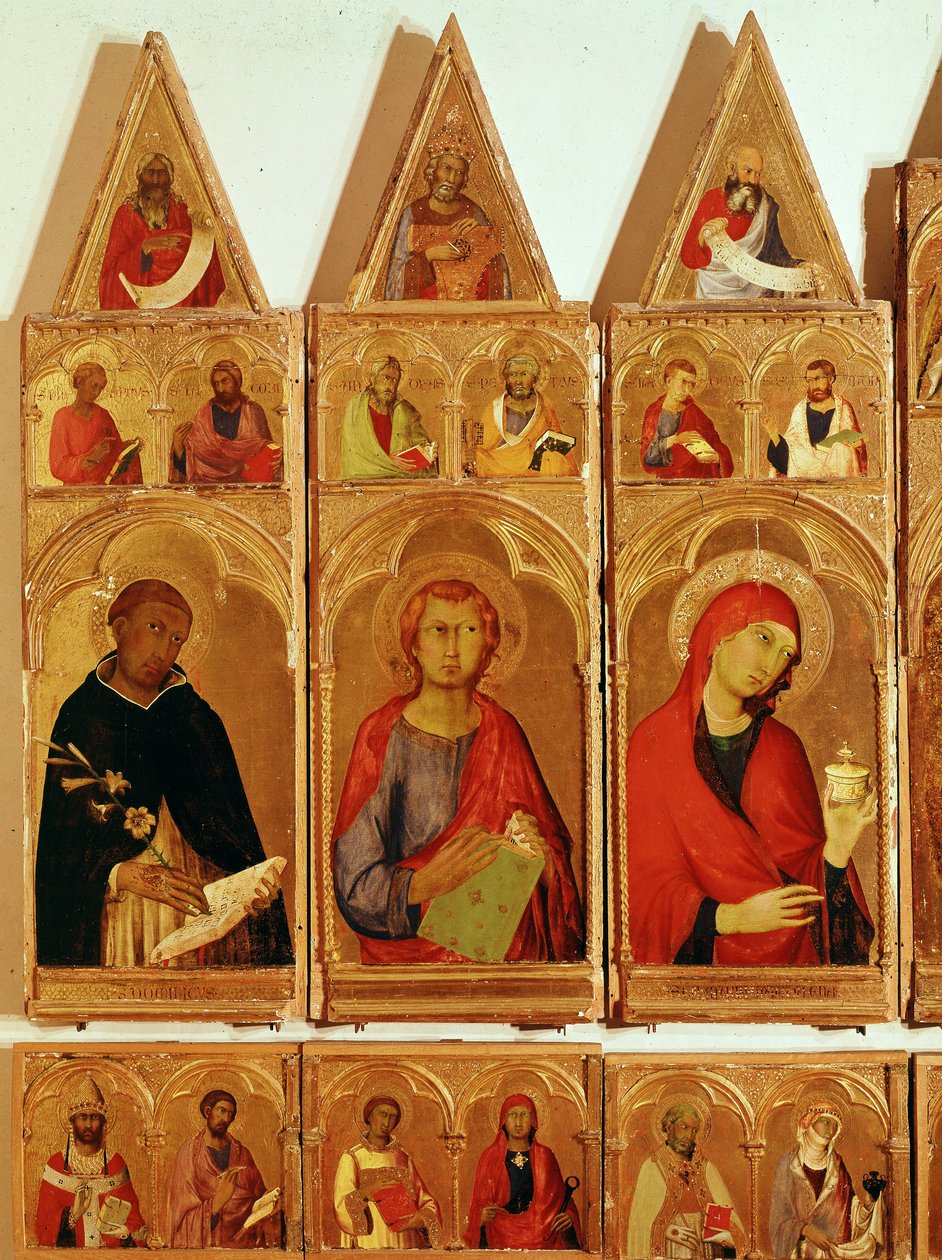 Pyhä Dominic, Pyhä Johanneksen evankelista, Pyhä Maria Magdaleena. Yksityiskohta Pyhästä Katariina Aleksandrialaisen polyptyykistä (tempera ja kulta puulla tekijältä Simone Martini