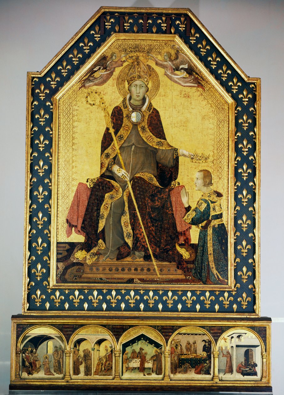 Saint Louis Toulousen piispa kruunasi veljensä Robert of Anjoun, Napolin kuninkaan tekijältä Simone Martini