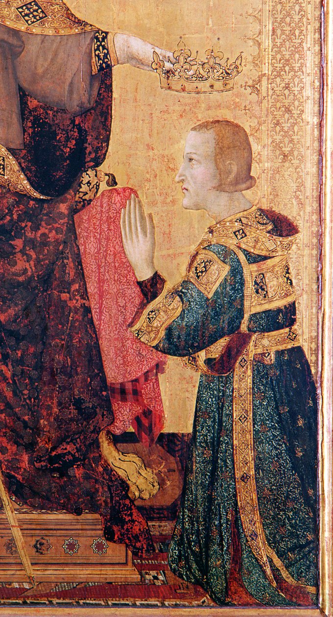 St. Louis of Toulouse (1274-97) kruunaa veljensä Robert of Anjou (1278-1343) St. Louis of Toulouse alttarista, 1317 (tempera paneelissa) (yksityiskohta 183716) tekijältä Simone Martini