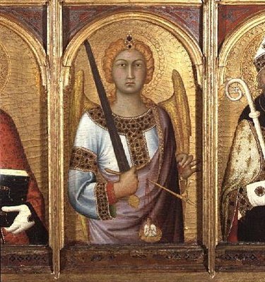 Pyhä Mikael, yksityiskohta SS Geminianuksen, Mikaelin ja Augustinuksen alttaritaulusta, n. 1319 (tempera kultaa ja hopeaa taulussa) (yksityiskohta 58835) tekijältä Simone Martini