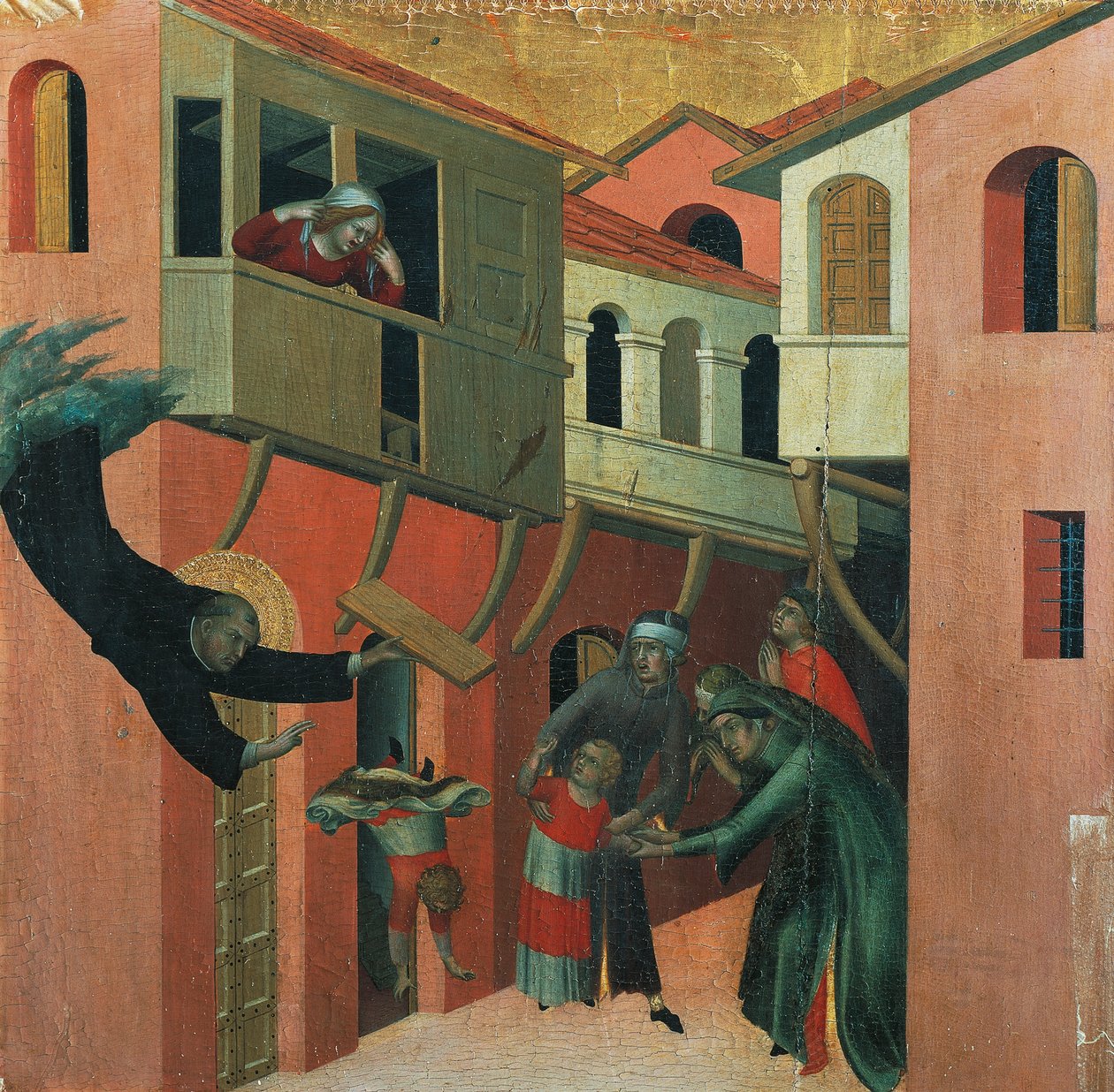 Parvekkeelta pudonneen vauvan ihme, yksityiskohta alttaritaulusta Siunattu Agostino Novello ja tarinat hänen elämästään, n. 1330, Simone Martini (1283-1344), öljy kankaalle, 200x256 cm tekijältä Simone Martini