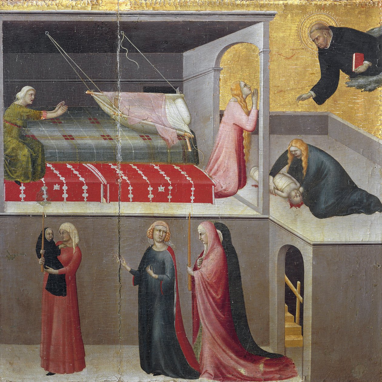 Lapsen ihme putoaa kehdosta: kolme naista puhuvat kohtauksen alaosassa. Osa triptyykistä Pyhän Augustinuksen erakko historia (Tempera puulla tekijältä Simone Martini