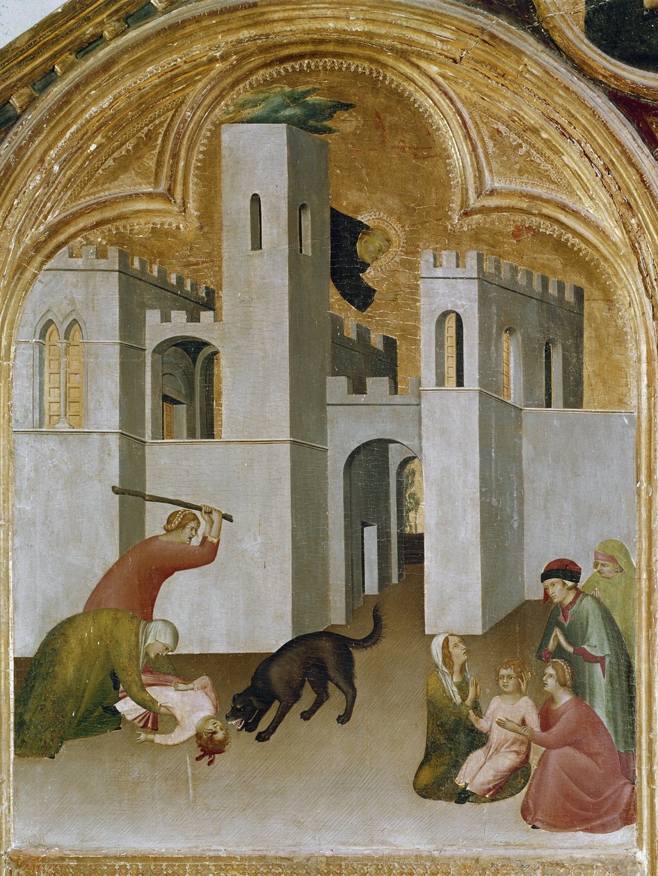 Lapsen ihme tarttuu suden hampaiden väliin. Osa triptyykistä Pyhän Augustinuksen erakko historia (Tempera puulla tekijältä Simone Martini