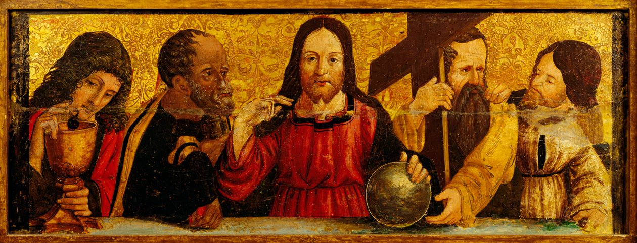 Viimeinen ehtoollinen, yksityiskohta Simone da Firenzen polyptyykin predellasta, maalaus puulle, Pyhien Pietarin ja Paavalin kirkko, San Chirico Raparo, Potenza, Italia. tekijältä Simone da Firenze