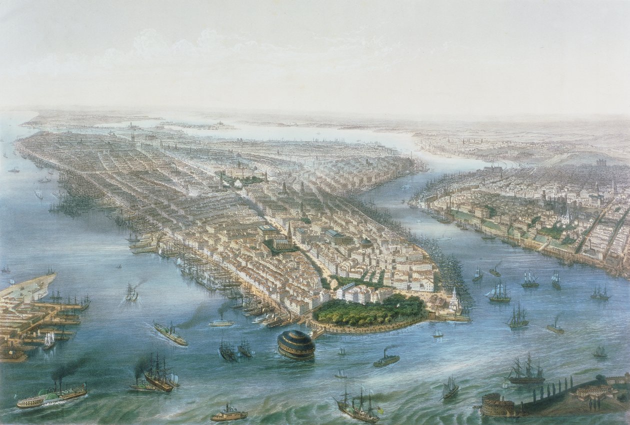 Ilmakuva New Yorkista ja Brooklynista, kaiverrus T.H.E. Miller, pubi. L. Turgis, Pariisi, 1855 tekijältä Simpson