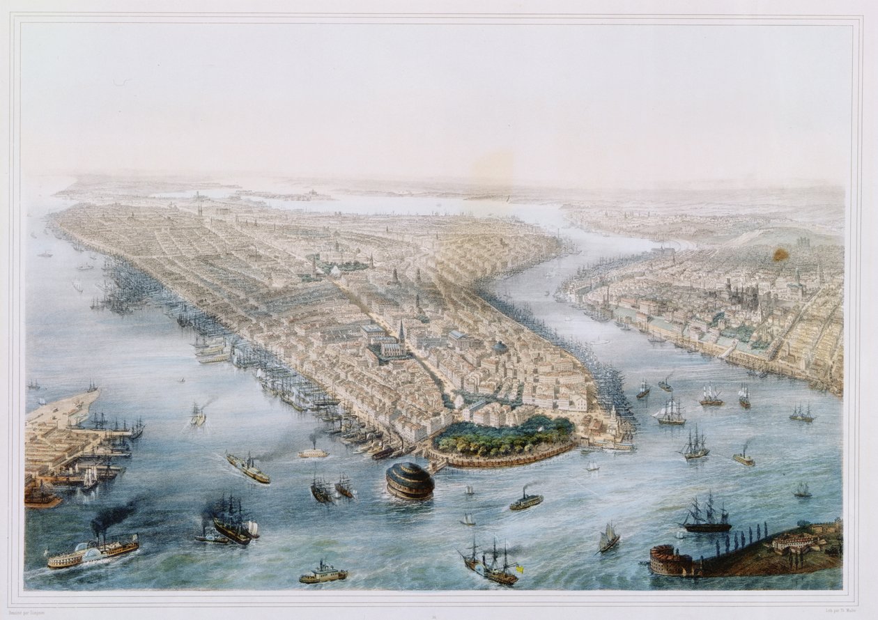 Ilmakuva New Yorkista ja Brooklynista, kaiverrettu T.H. Muller, julkaisija L. Turgis, Pariisi, noin 1850 tekijältä Simpson