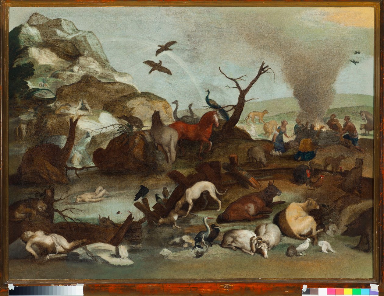Nooan uhri vedenpaisumusten jälkeen Sinibaldo Scorzan (1589-1631) maalaus 1600-luku Dim 70x101 cm Genes, Musei di Strada Nuova (ex Palazzo Rosso) tekijältä Sinibaldo Scorza