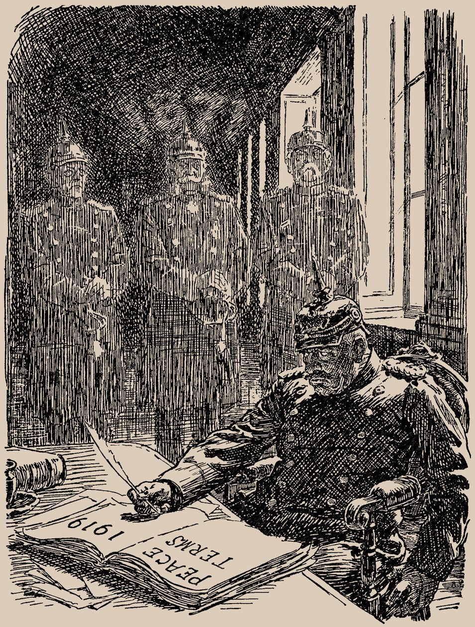 Kummitus Versaillesissa. Punch, 7. toukokuuta 1919, 1919. tekijältä Sir Bernard Partridge