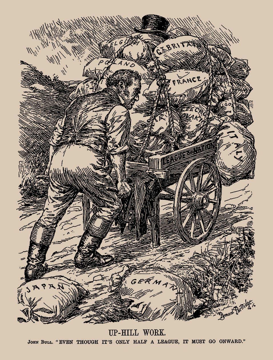 Ylösmäkeen työ. John Bull. Vaikka se on vain puoli liigaa, sen täytyy jatkua, 1935. tekijältä Sir Bernard Partridge