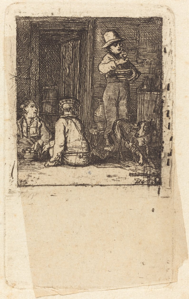 Sisustus, jossa on kolme poikaa ja koira tekijältä Sir David Wilkie