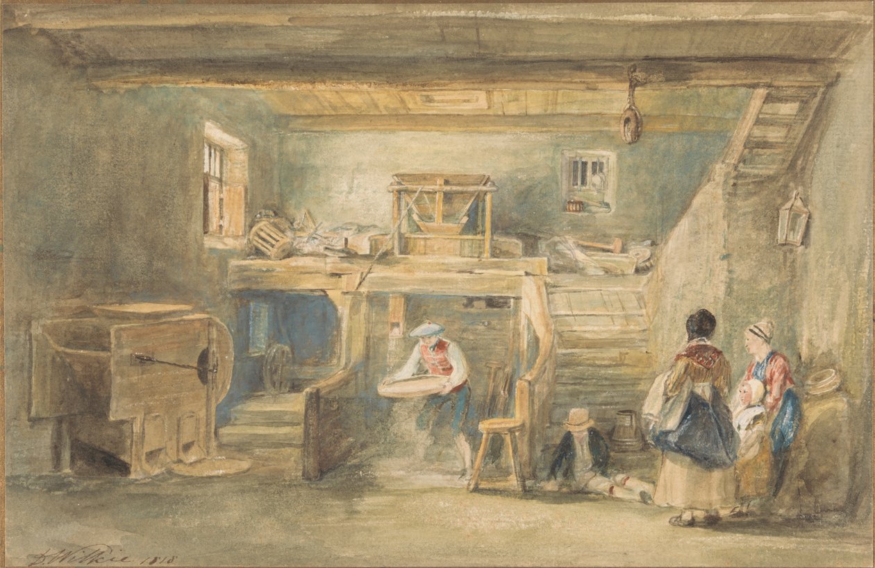 Pitlessie Millin sisätilat maissia seulovan miehen kanssa tekijältä Sir David Wilkie