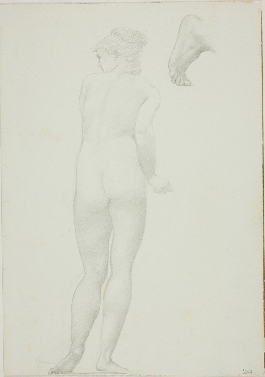 Taustakuva seisovasta alaston naisesta ja luonnos jalkasta tekijältä Sir Edward Burne Jones