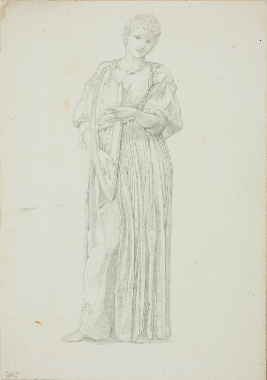 Harppua soittavan naisen drapedoitu hahmo tekijältä Sir Edward Burne Jones