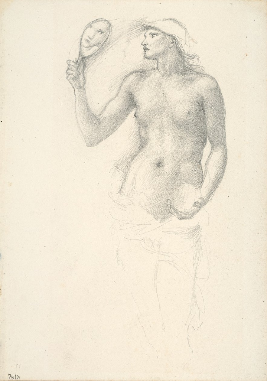 Puolialaston naisfiguuri, jossa peili oikeassa kädessä tekijältä Sir Edward Burne Jones