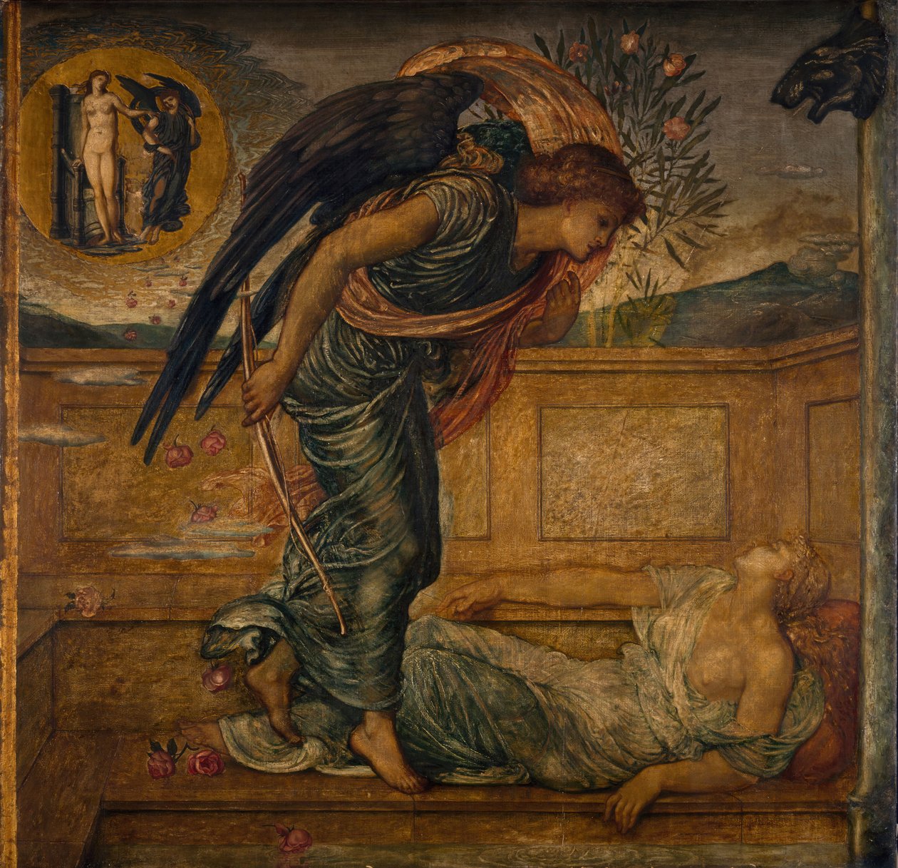 Cupid and Psyche – Palatsin vihreät seinämaalaukset – Amor etsii psyykettä unessa suihkulähteen äärellä, 1881. tekijältä Sir Edward Coley Burne Jones