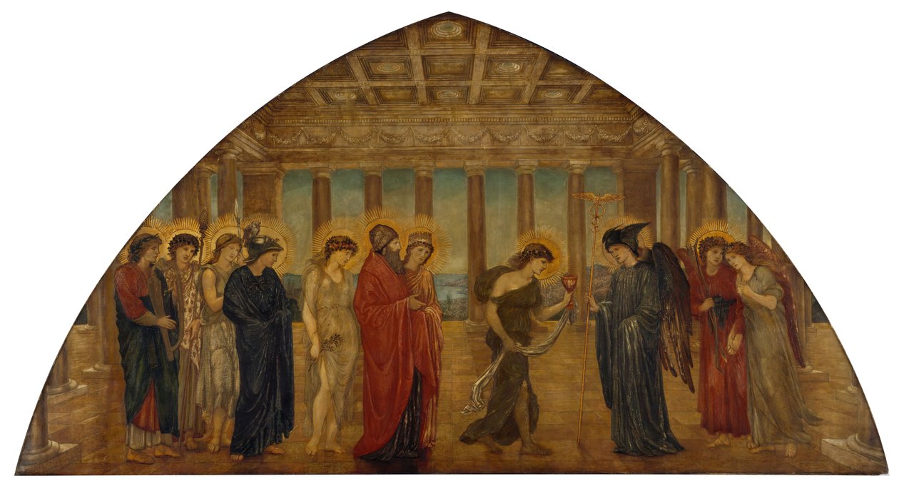 Cupid and Psyche - Palatsin vihreät seinämaalaukset - Psyche saapuu Olympuksen portaaleihin, 1881. tekijältä Sir Edward Coley Burne Jones