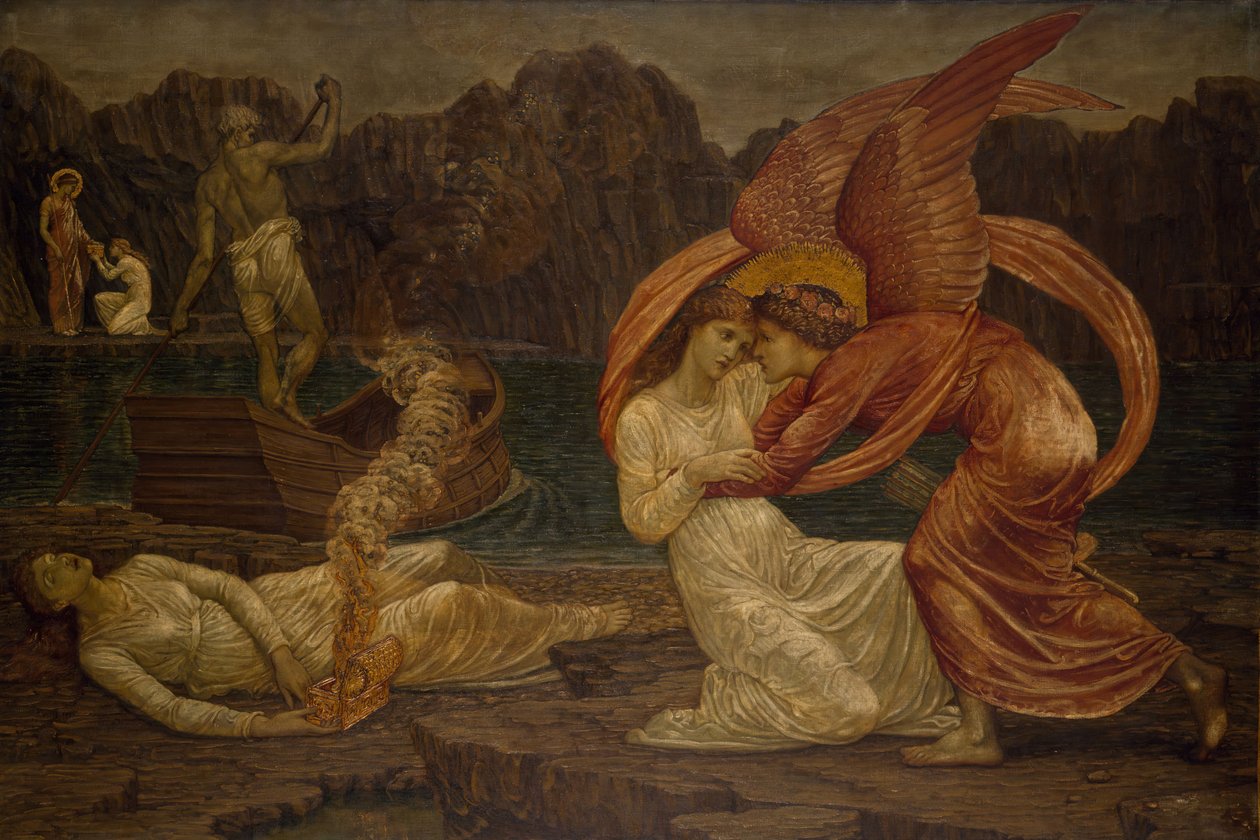 Cupid and Psyche - Palatsin vihreät seinämaalaukset - Psyche vastaanottaa arkun Proserpinelta, 1881. tekijältä Sir Edward Coley Burne Jones