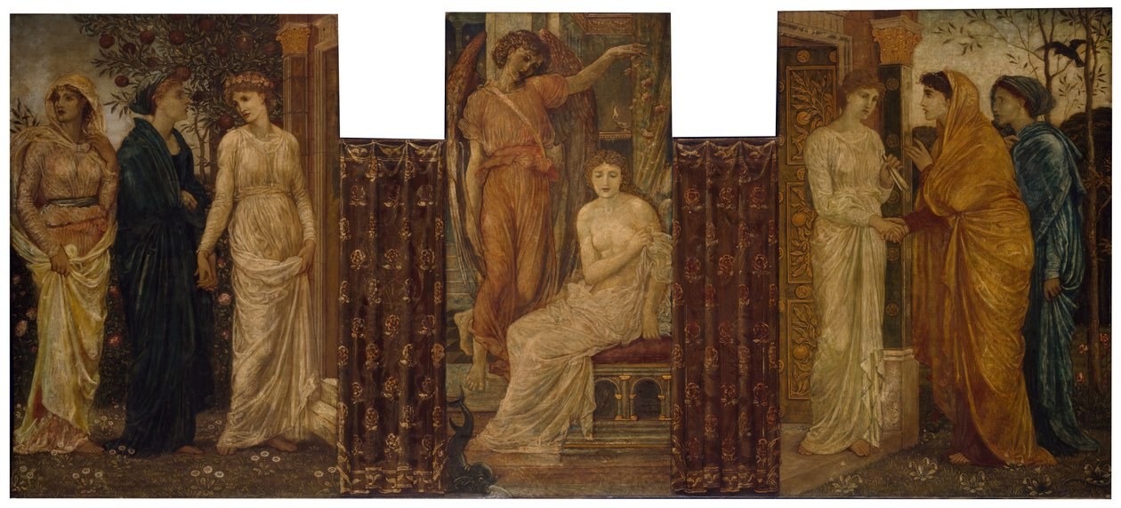 Cupid ja Psyche - Palatsin vihreät seinämaalaukset - Psychen sisaret vierailevat hänen luonaan Cupidin talossa, 1881. tekijältä Sir Edward Coley Burne Jones