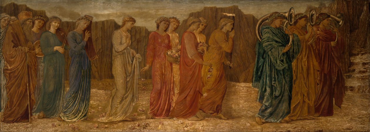 Cupid and Psyche - Palatsin vihreät seinämaalaukset - Kuningas ja muut surejat hylkäävät Psychen...,1881. tekijältä Sir Edward Coley Burne Jones