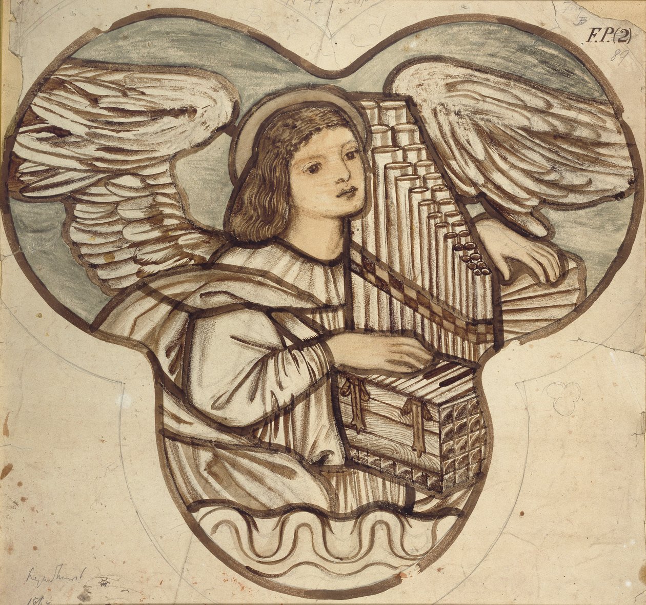 Suunnittelu lasimaalauksille Lyndhurst Churchissa: An Angel Organist, 1886 tekijältä Sir Edward Coley Burne Jones