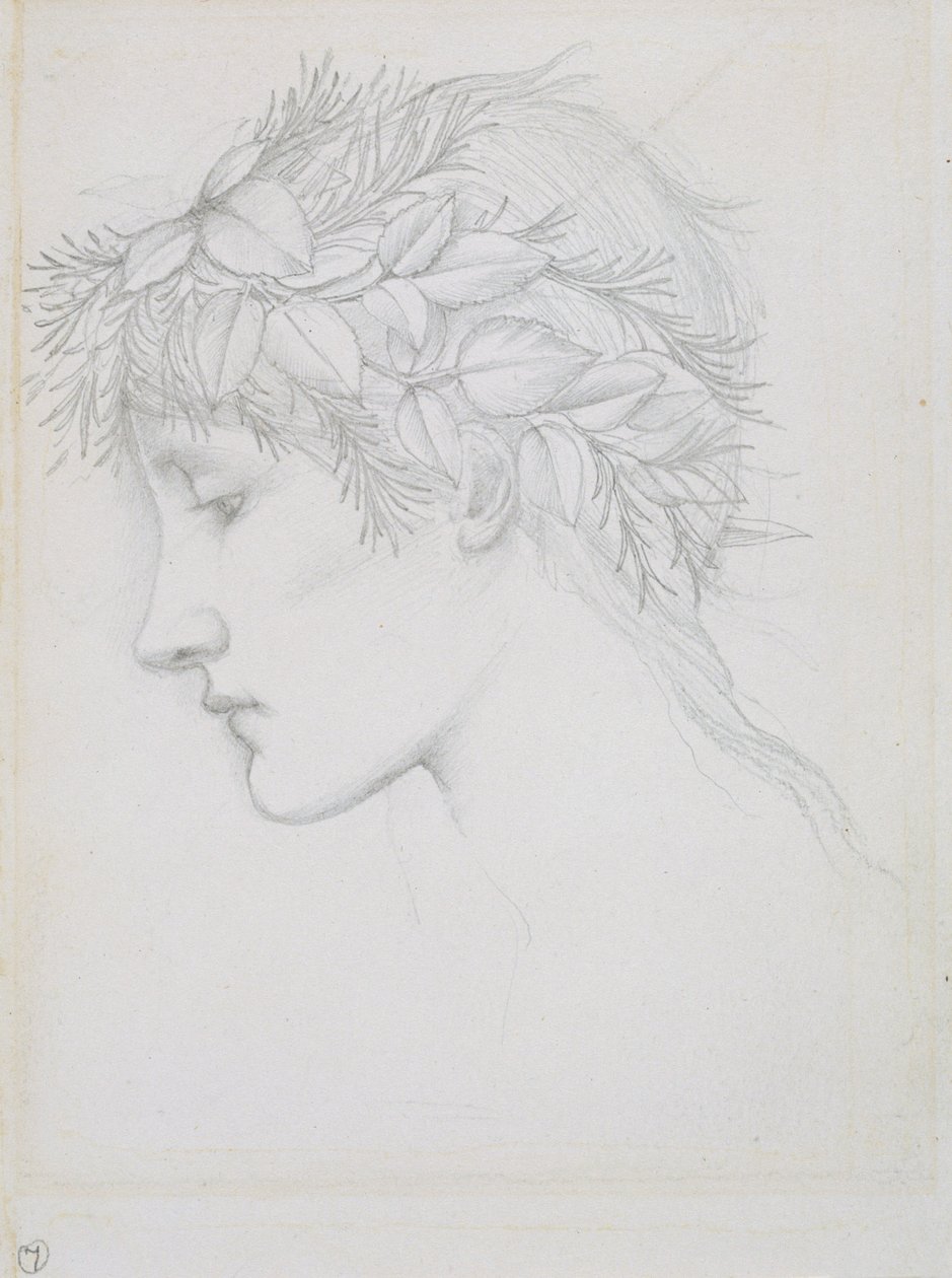 "Lehdillä kruunattu pää", 1897. tekijältä Sir Edward Coley Burne Jones