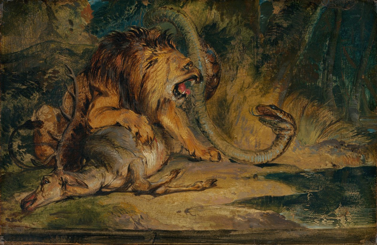 Leijona puolustamassa saalistaan tekijältä Sir Edwin Landseer