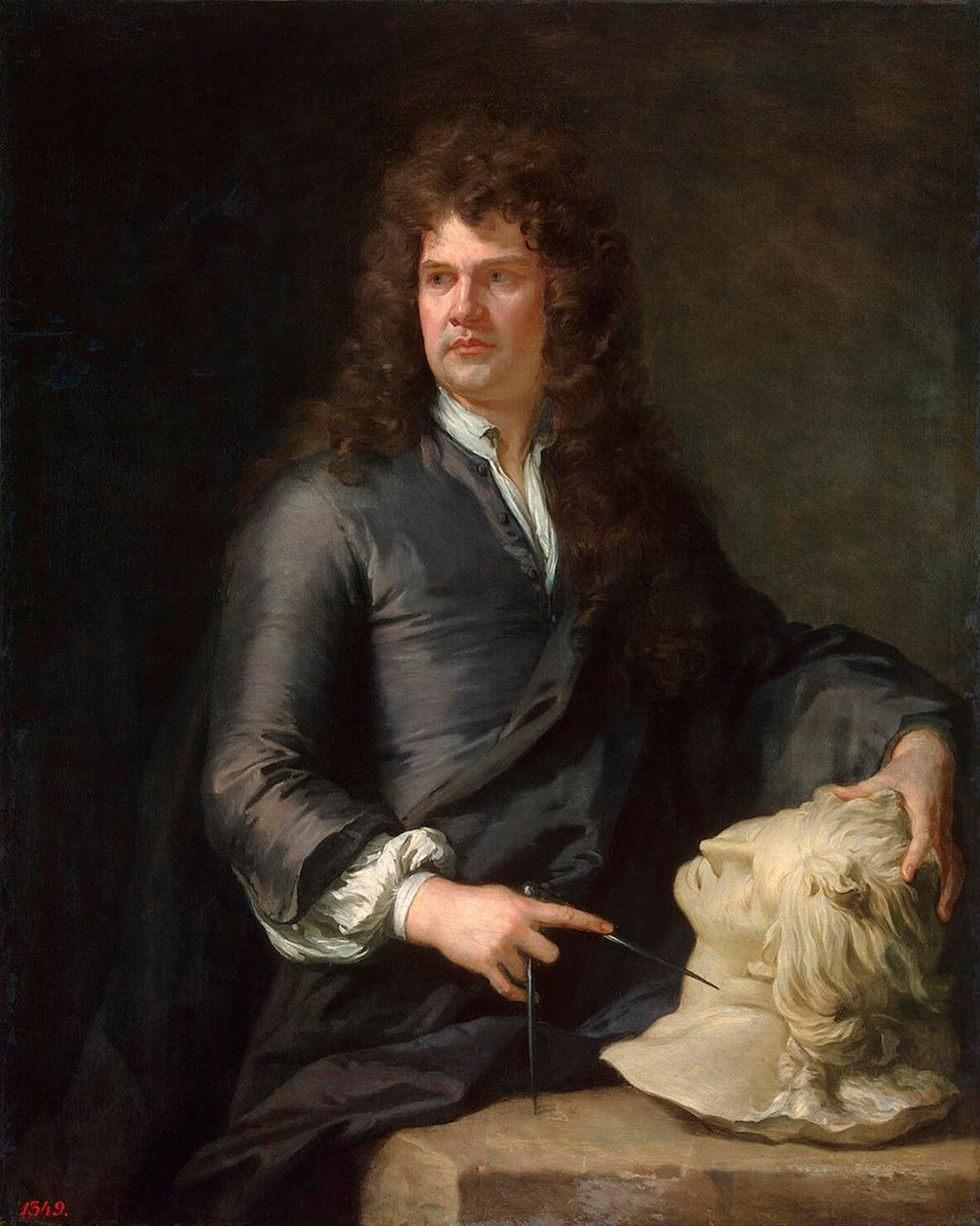 Puuveistäjä Grinling Gibbonsin muotokuva, 1648-1721, ennen vuotta 1690. tekijältä Sir Gotfrey Kneller