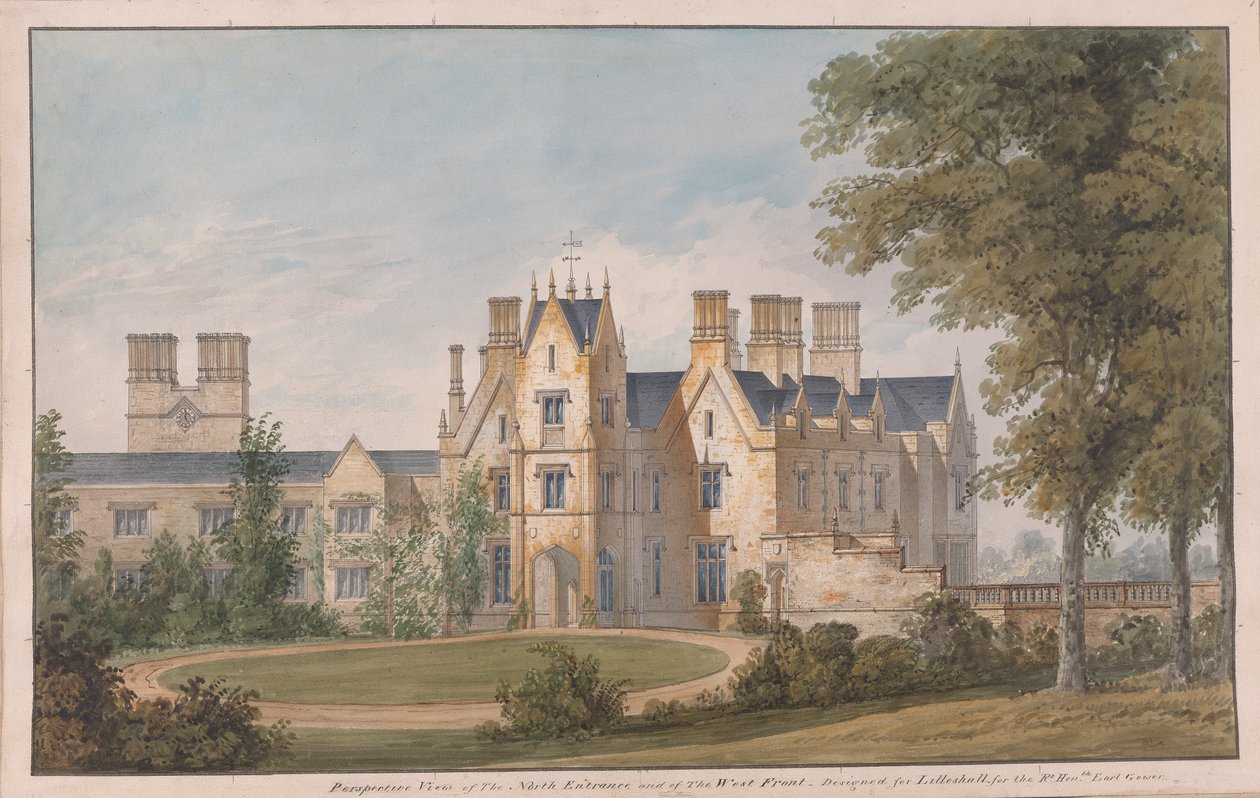 Lilleshall, Shropshire: Näkymä pohjoisesta sisäänkäynnistä ja länsirintamasta tekijältä Sir Jeffry Wyatville