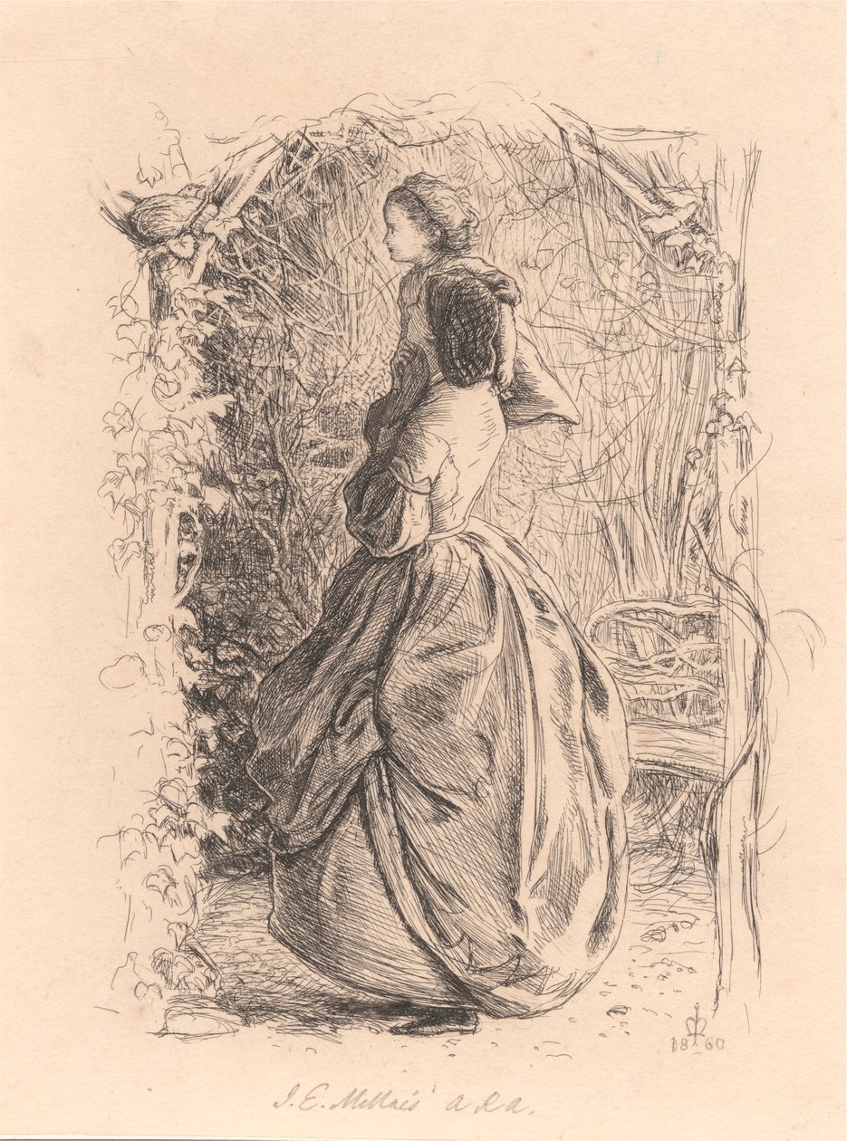 Hyvää kevään aikaa. Nainen ja lapsi katselevat lintua pesässä. tekijältä Sir John Everett Millais