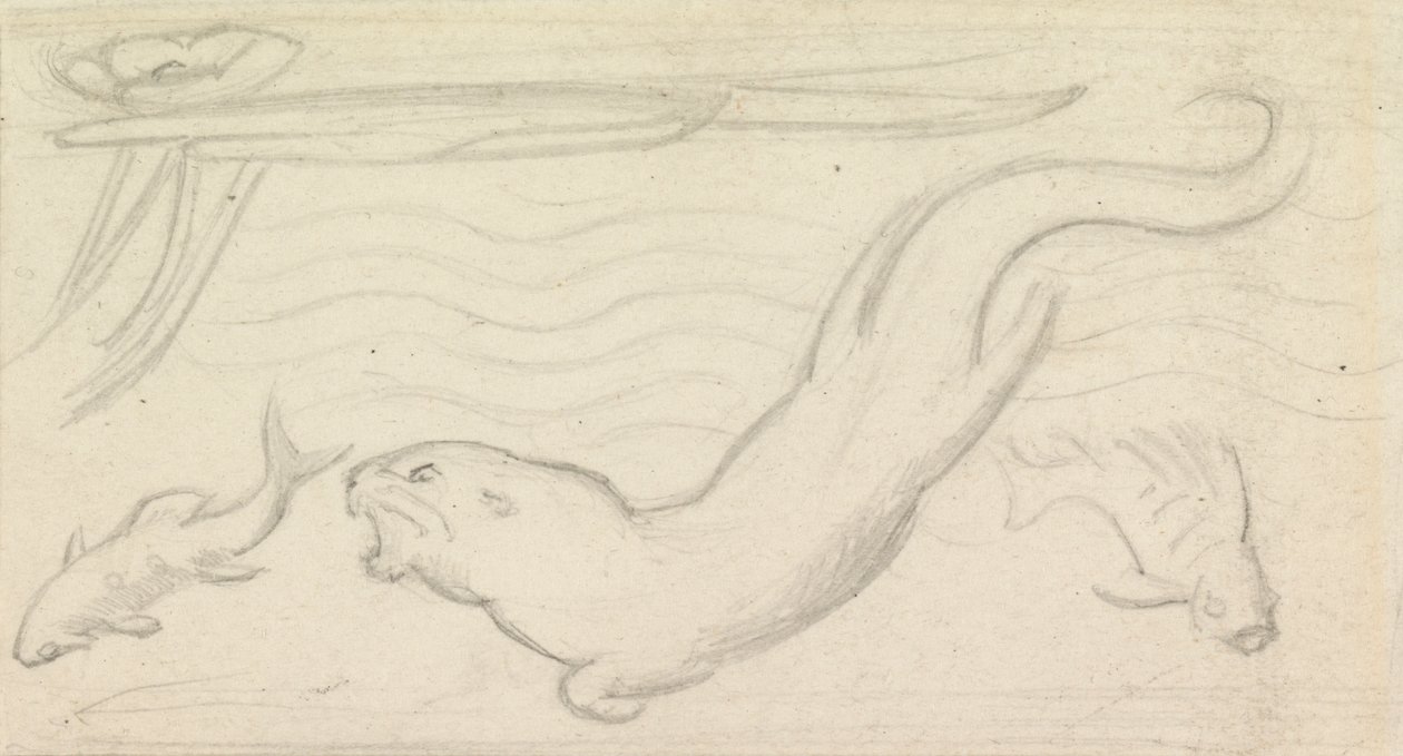 Lasimaalaustutkimus, saukko ja kaksi kalaa tekijältä Sir John Everett Millais